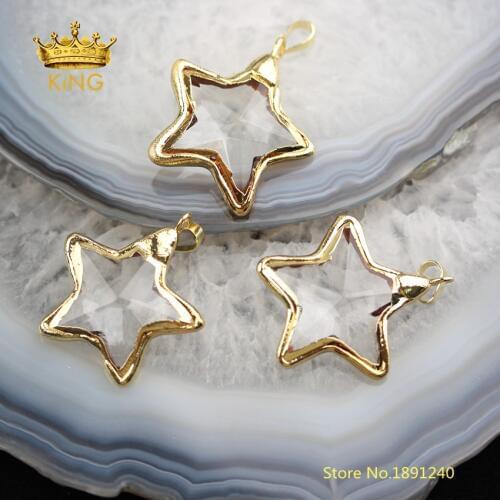 10PCS Star Shaped Bezel Glass Pendants Crafts Earrings,35mm Faceted Clear Glass Plated Gold Edged Charms Necklace Wholesale YT30
