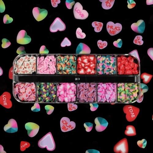 12 Grids Red and Pink Mixed Color Love Soft Pottery Nail Patch Set Valentine Day Design Style UV Gel Polish To Trim Nails