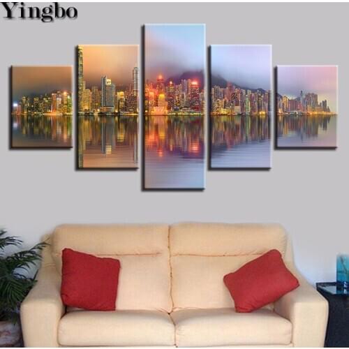 5 Pcs 5d Diamond Embroidery City Building And Riverside Night View diy Diamond Painting Full Square round diamond Mosaic decor