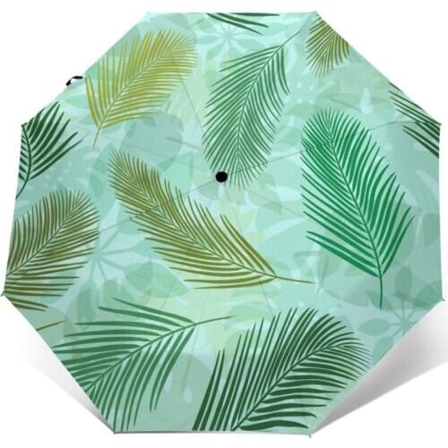 Automatic Umbrella Green Palm Leaves three-fold umbrella women men rain umbrella