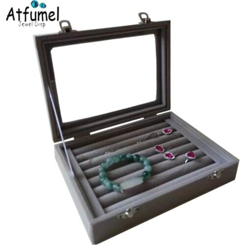 Velvet Ring Jewelry Display Box With Glass Lid Earring Jewellery Organizer Case Cufflink Packaging Casket Pendant Showcase Box