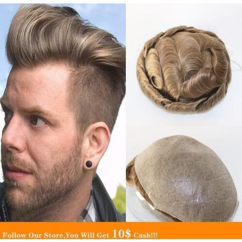 BYMC 100% Human Hair Full PU Mens Toupee Hair Honey Blonde and Natural Black Colored Replacement Systems Pure Handmade Toupee