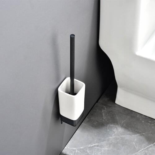 Bathroom Toilet Brush Holders Black Aluminum Toilet Brush Wall Mounted 3M Tape Free Punch For Bathroom Storage And Cleaner