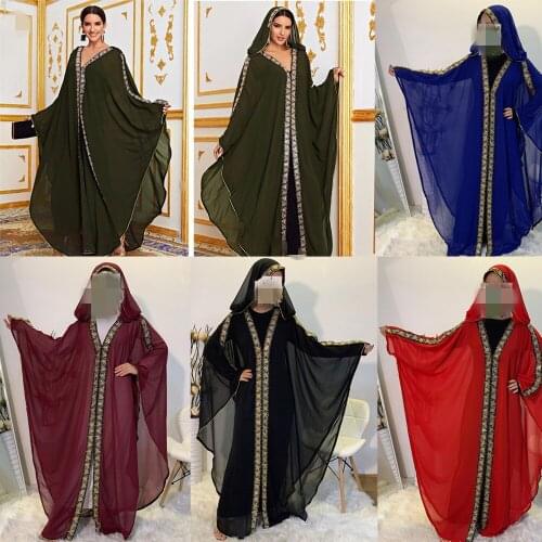 Abaya Muslim Women Kaftan Batwing Sleeve Maxi Robe Chiffon Sequins Luxury V-neck Arab Jilbab Hooded Gown Ramadan Islamic Fashion