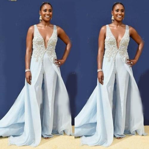 Emmy Awards Jumpsuit Formal Party Celebrity Red Carpet Gowns with Overskirts Applique V Neck Women Prom Evening Pant Suits
