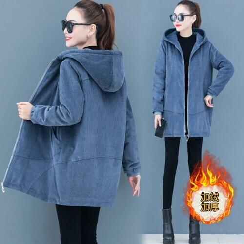 Women Jacket And Coat Autumn Winter Plus Velvet Hooded Jackets Female Middle-aged Corduroy Windbreaker Outwear Plus Size R769