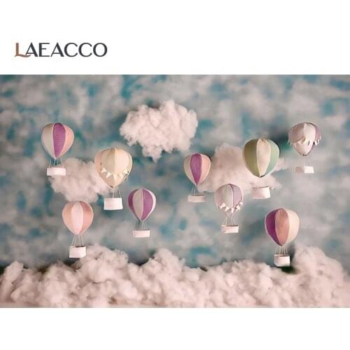 Laeacco Blue Sky Cloudy Hot Air Balloon Photo Background Baby Customized Portrait Birthday Party Photozone Photography Backdrops