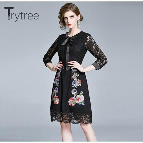 Trytree 2020 Summer Women Casual Dress O-neck Bow Print Embroidery Hollow Out Lace Fashion Elegant A-line Knee-Length Dress