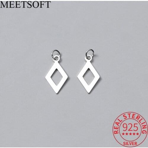 MEETSOFT 2pcs/lot 925 Sterling Silver Geometric Square Hollow Charms DIY Handmade Necklace Accessory Jewelry Making Findings