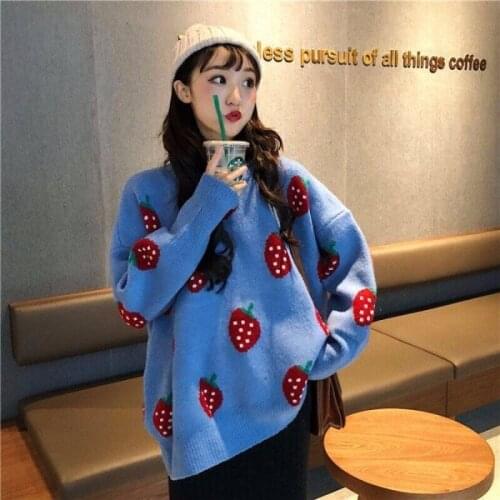 Cute Korean Fashion Ladies Full Sleeve Women Knitting Sweater O-Neck Pullover And Jumper Loose Cute Fruit Print Sweater Women