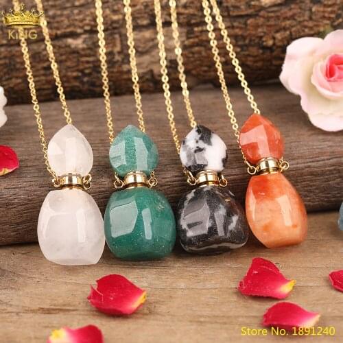 Natural White Pink Amethysts Quartz Red Agates Malaysia Jades Stone Perfume Bottle Diffuser Pendant Necklace Jewelry For Women