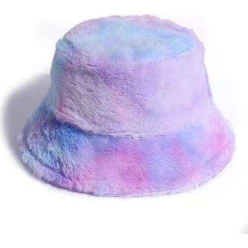 New Winter Faux Fur Fluffy Tie Dye Bucket Hat Women Outdoor Warm Sun Hat Soft Velvet Furly Fisherman Cap Lady Fashion Panama Hat
