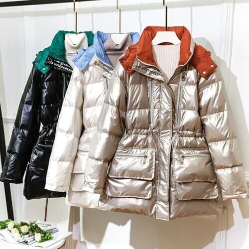 New Down Jacket Women Long Hooded White Duck Down Overcoat Winter Shiny Fashion Coat Abrigo Mujer Casual Warm Parka Outerwear