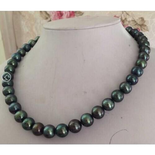 STUNNING 9-10mm tahitian peacock green round pearl necklace 18inch 14k