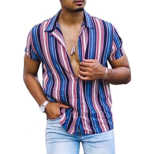 Casual Men Shirt Vintage Striped Print Turn-down Collar Short Sleeve Buttons Closure Shirt Cardigan Travel Male Shirts Top