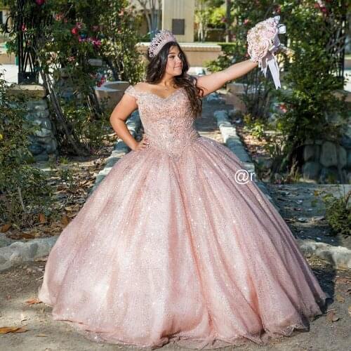 Pink Beading Crystal Plus Size Ball Gown Quinceanera Dresses Sparkly Tulle Off The Shoulder Sweet 16 Dress Prom Party Dress
