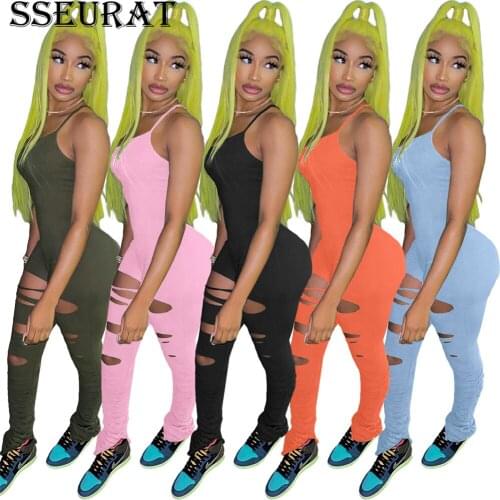 SSEURAT Women Hole Sexy Jumpsuit Summer Spaghetti Strap Bodycon Romper Classic Overall Playsuit