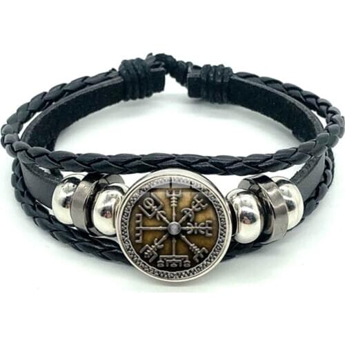 Viking Compass Multilayer Wood Bead Bracelet Men Casual Fashion Braided Leather Bracelets Bangles Retro Punk Wrap Wristband