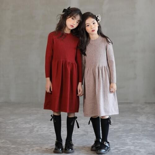 Knit Big Girl Sweaters Dress Children Kids Clothing Autumn Spring Winter 2021 Fashion Knitting Dresses Long Sleeve Red Black