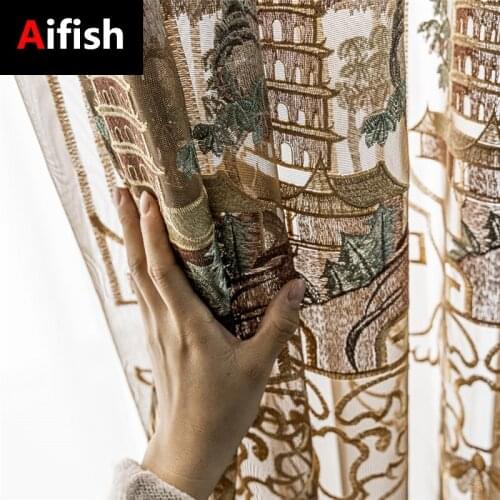 Embroidery Luxury Chinese Pagoda Curtains For Living Room Classical French Bedroom Decoration Window Curtains Tulle Fabric 4