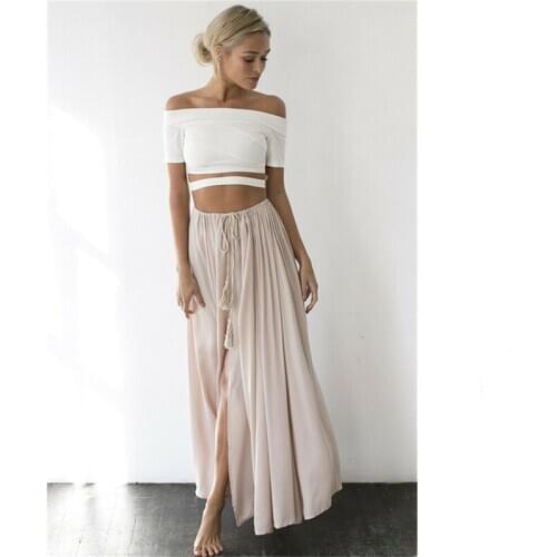 Hirigin Women Casual Loose Comfortable Skirts Ladies Solid Color Gypsy Long Maxi Full Skirt Female Summer Side Slit Beach Skirt