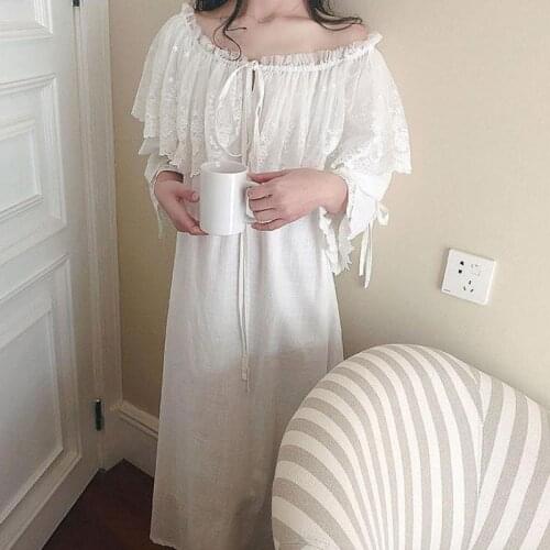 Female Vintage Palace Style Lolita Princess Casual Sleepshirts Dress Wide Lace Nightgowns Cotton Victorian Nightdress Sleepwear
