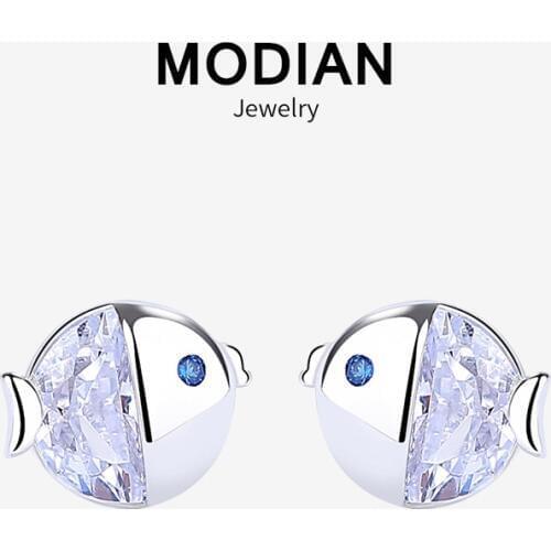 Modian Summer Fashion 925 Sterling Silver Clear Zircon Fish Kiss Tiny Stud Earrings For Women Charm Cute Silver Fine Jewelry