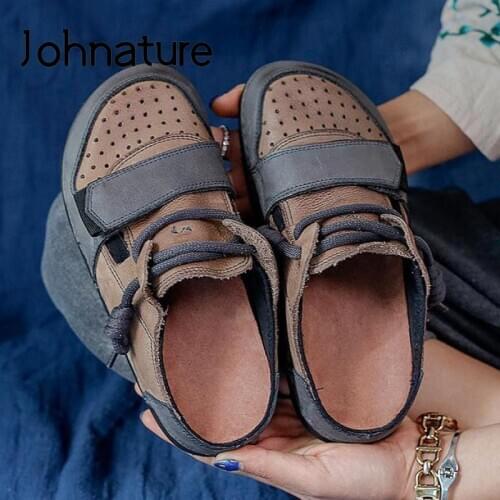 Johnature Women Slippers Genuine Leather Summer Shoes Mixed Colors Outside Slides Flat With 2021 New Handmade Ladies Slippers