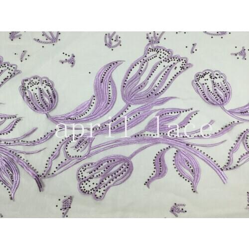 5yards /lot yfs001 # purple stone best quality embroidery tulle mesh lace fabric for sawing wedding dress