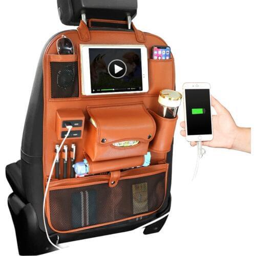 Car Organizer Back Seat Bag 4 USB Charger Phone Storage PU Leather Travel Multifunction Pocket Stowing Tidying Auto Accessories