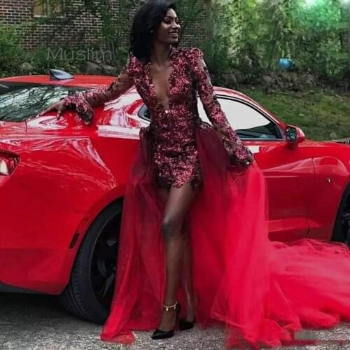 Shinny Sequin Red High Low Evening Dresses Sexy V Neck Bling Sequin Prom Dresses With Overskirt Train Long Sleeve Formal Dress