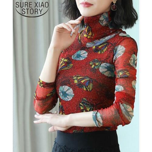 Blusas Mujer De Moda 2021 Autumn Print Bottom Shirt Woman Long Sleeve Elastic Large Size Plus Size Tops Turtleneck 5667 50