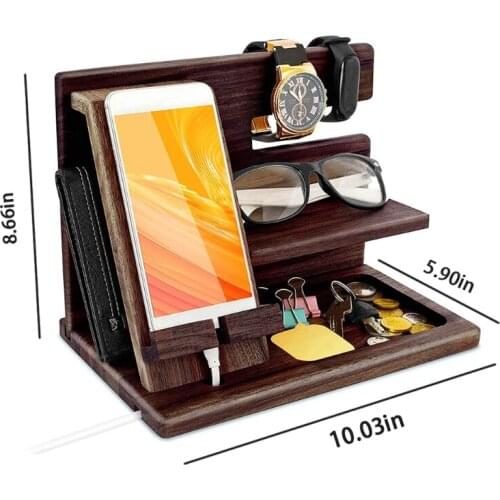 Wooden Phone Holder Docking Station Wallet Stand Watches Purse Glasses Key Storage Box Desk Display Organizer Bedside Mens