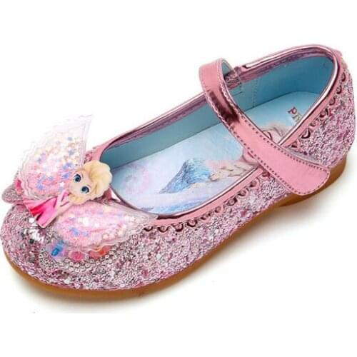 Disney Fashion Girls Summer Sandals Bowknot Leather Frozen Dress Flat-Heeled Shoes Elsa Princess Sandals Party Single Shoes