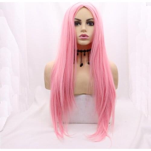 Full Machine Made Long Straight Candy Pink One-time Synthetic Wig Heat Resistant Fiber Hair for Women Cosplay Makeup Party