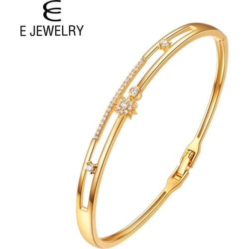 E Gold Plated Bracelet Bangle for Women Cubic Zirconia and Hollowed-Out Design 7 Inches Elegant Fashion Gifts 2020