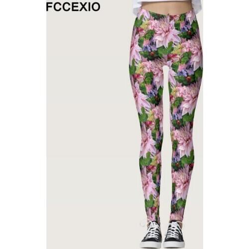 FCCEXIO 3D Print Women Leggings Pink Flower Colorful Sporting Fitness Leggins Elastic Slim Fashion Sexy Mid Waist Pants
