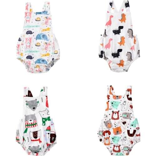 Focusnorm 0-24M Baby Bodysuit Summer Newborn Baby Boy Girl Clothes Animals Print Sleeveless Strap Jumpsuit Cute Baby Bodysuit