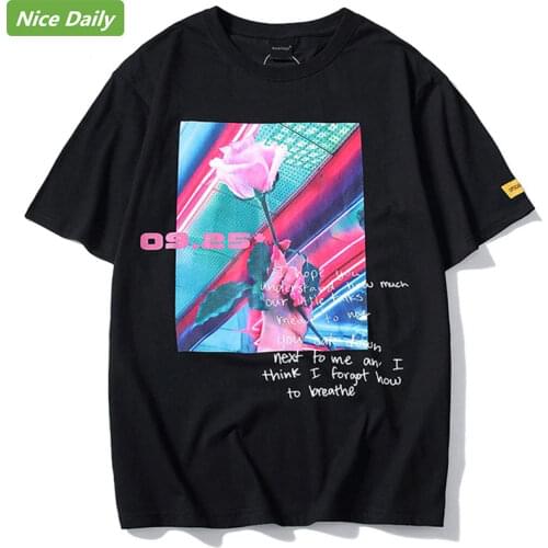 NiceDaily T-Shirt Men Rose Flower Printed Mens Tee Shirts Short Sleeve High Street Hip Hop Streetwear Round Neck Casual Cotton