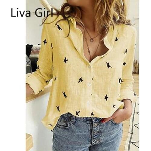 Cotton Linen Blouses Button Up Women Shirt Oversized Tops Spring Autumn Long Sleeve Shirts Lapel Loose Bird Print Blouse Blusas