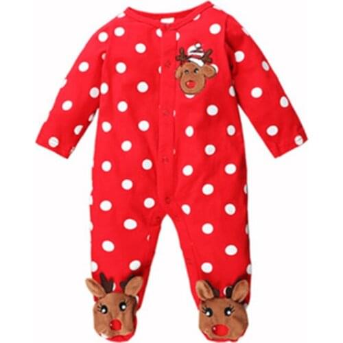 Cotton polka dot one-piece romper with open button round neck embroidered deer head winter plus velvet one-piece