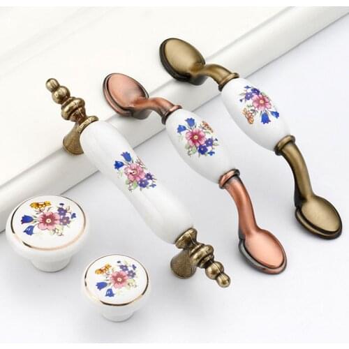 KK&FING 1PC European Rural Flower Handle Zinc Alloy Ceramic Bronze Drawer Pulls Kitchen Cupboard Handle Knobs Furniture Hardware