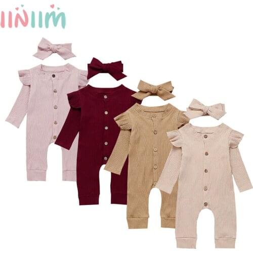 2PCS Baby Girl Boy Solid Color Knitted Romper Newborn Baby Ruffle Crochet Jumpsuit Infant Autumn Long Sleeve Clothes Outfit Set