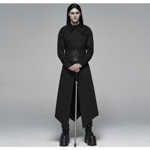 PUNK RAVE Mens Gothic Dark Chinese Style Long Shirt Micro-elastic Twill Shirt Asymmetrical Collar Stage Performance Men Clothing