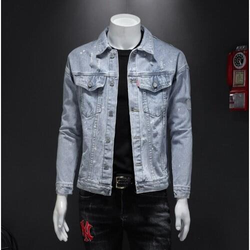 2021 Spring Autumn Washed Sequins Denim Jacket Mens Long Sleeve Coat
