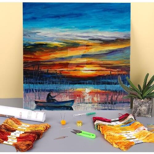 Morning Fishing Printed 11CT Cross Stitch Set DIY Embroidery DMC Threads Painting Knitting Handicraft Sewing Room Different