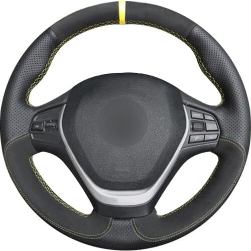 Non-slip Durable Black Natural Leather Black Suede Yellow Marker Car Steering Wheel Cover For Bmw F30 320i 328i 320d F20