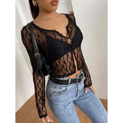 2021 New Womens Perspective Lace Mesh Tops Summer Cardigan See-through Long Sleeve Shirts Fashion Streetwear T-Shirts