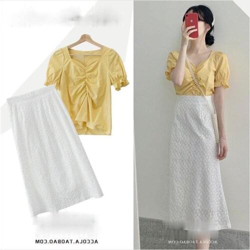 Wrinkled Design V-neck Short-sleeved Shirt + Womens High Waist Loose Plus Size Skirt Two-piece Korean Women Suit