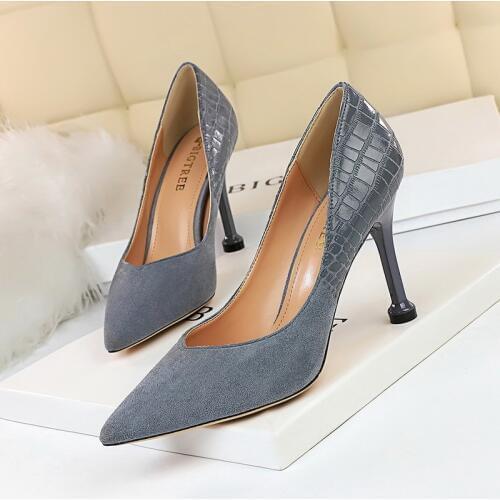 Women Shoes Pointed Toe Pumps Suede splice Snake 9CM thin High Heels Boat Wedding Dress Office Shoes